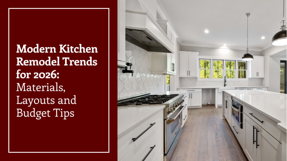 Modern white kitchen with a large island, wood flooring, pendant lighting, and text reading “Modern Kitchen Remodel Trends for 2026: Materials, Layouts and Budget Tips.”